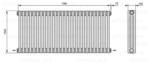 Схема (чертеж) Радиатор Zehnder Charleston 3100/26 №2670 Белый глянцевый RAL 9016